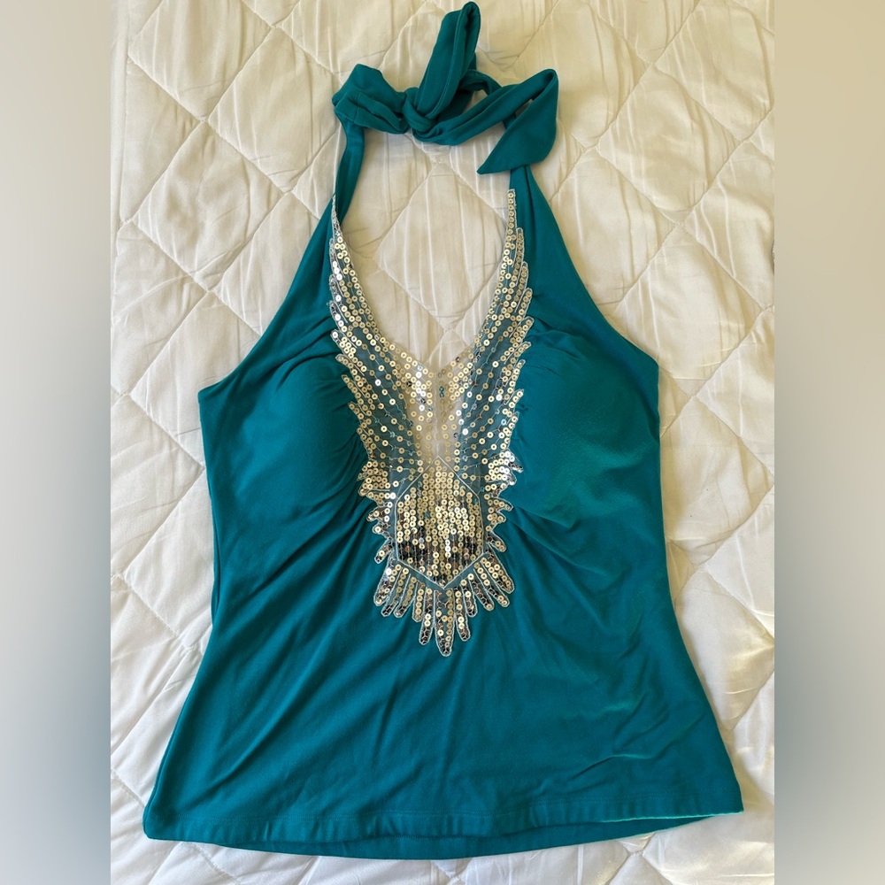 Vintage Y2K Cache Aqua Halter Top with Sequin Accents🎊
